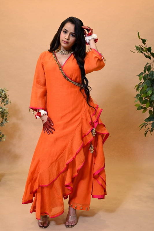 JEWAR Burn Orange Angrakha Suit Set