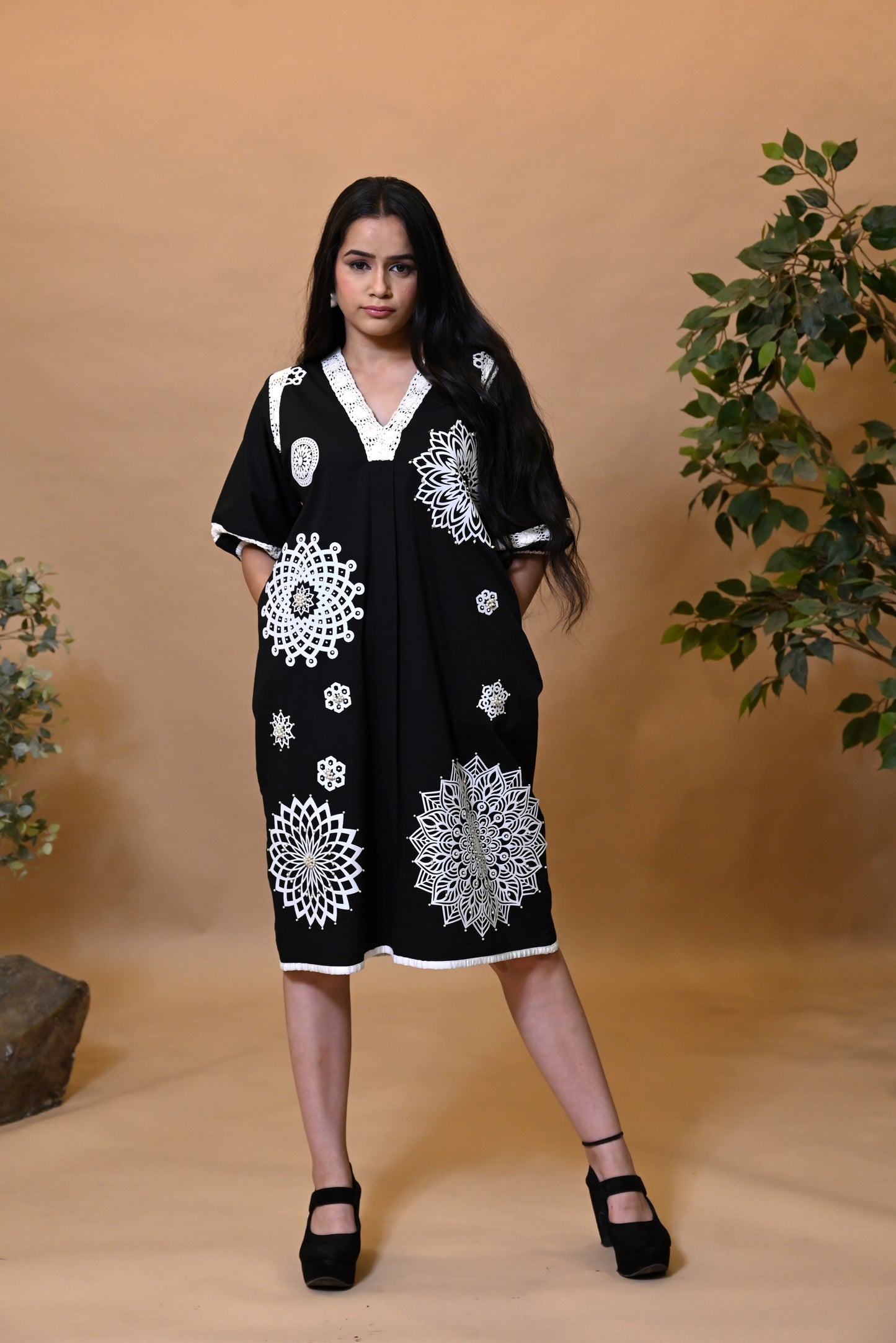 Black Poplin Pearl Embroidered Dress