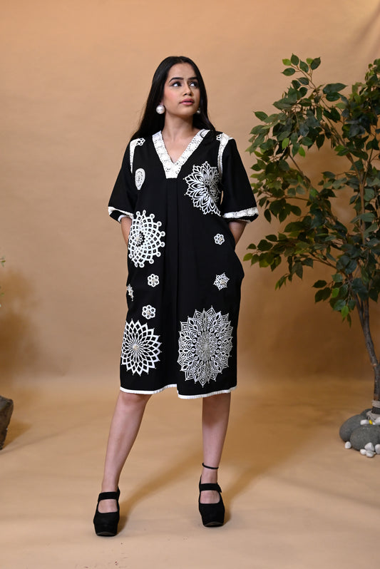 Black Poplin Pearl Embroidered Dress