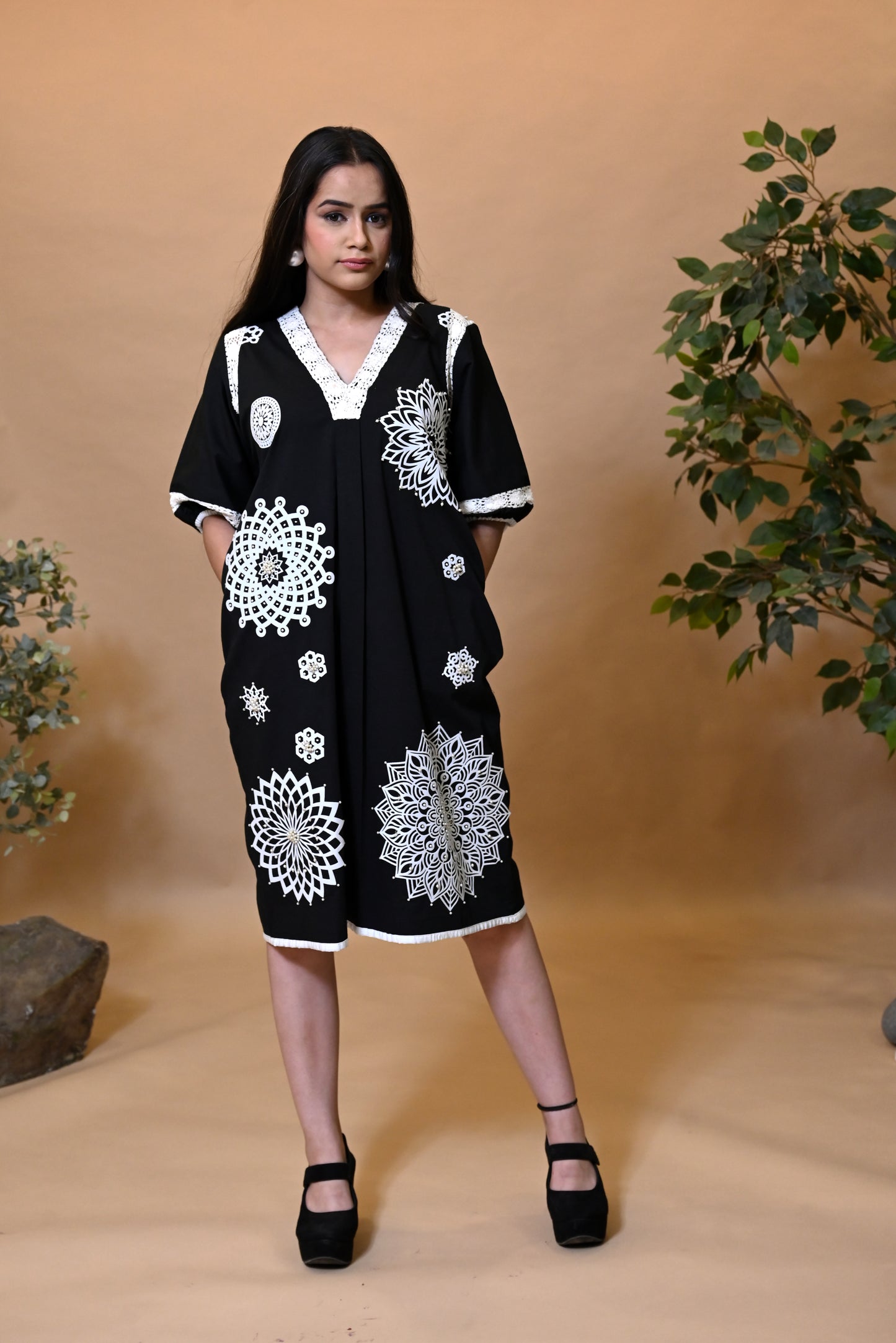 Black Poplin Pearl Embroidered Dress