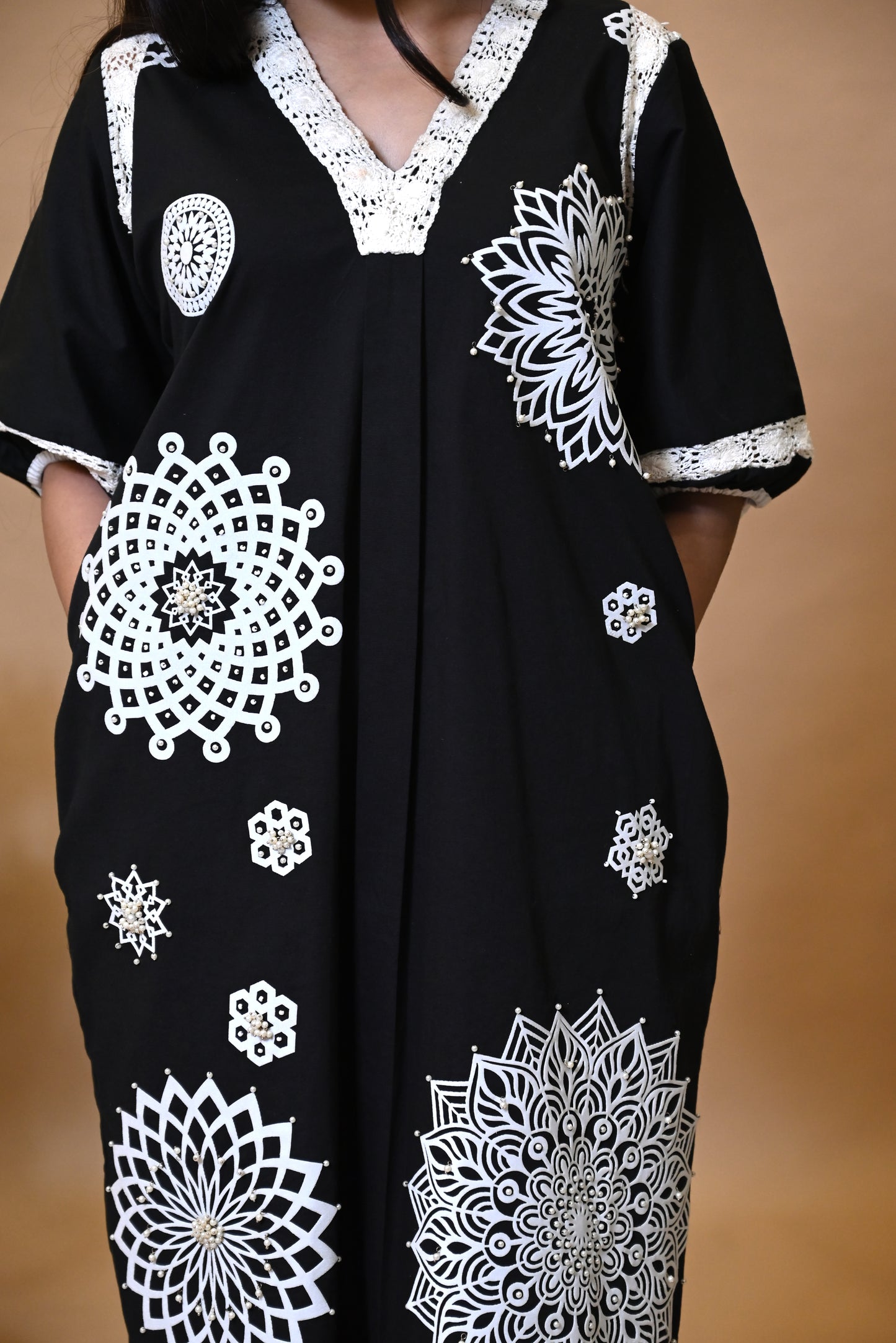 Black Poplin Pearl Embroidered Dress