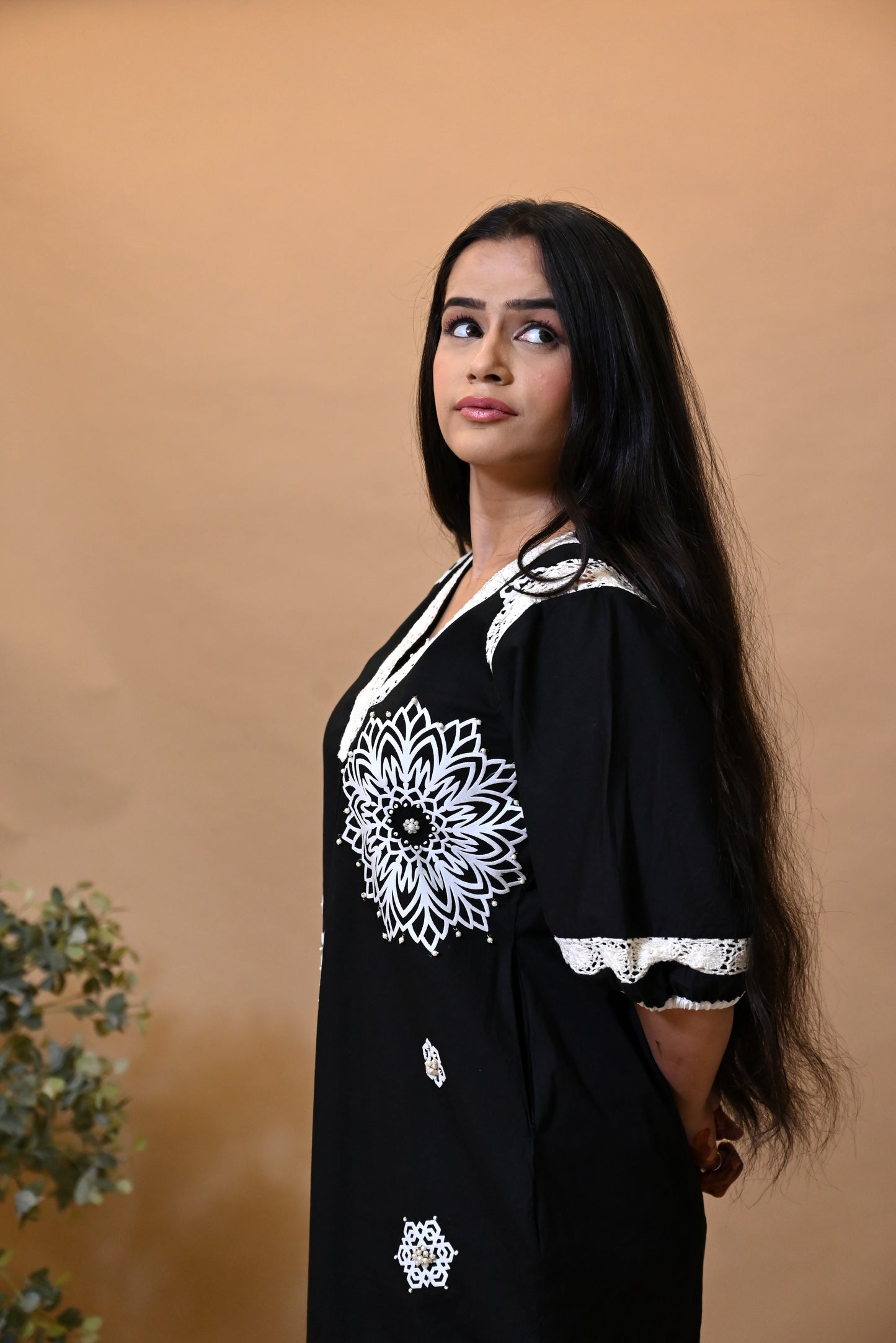 Black Poplin Pearl Embroidered Dress