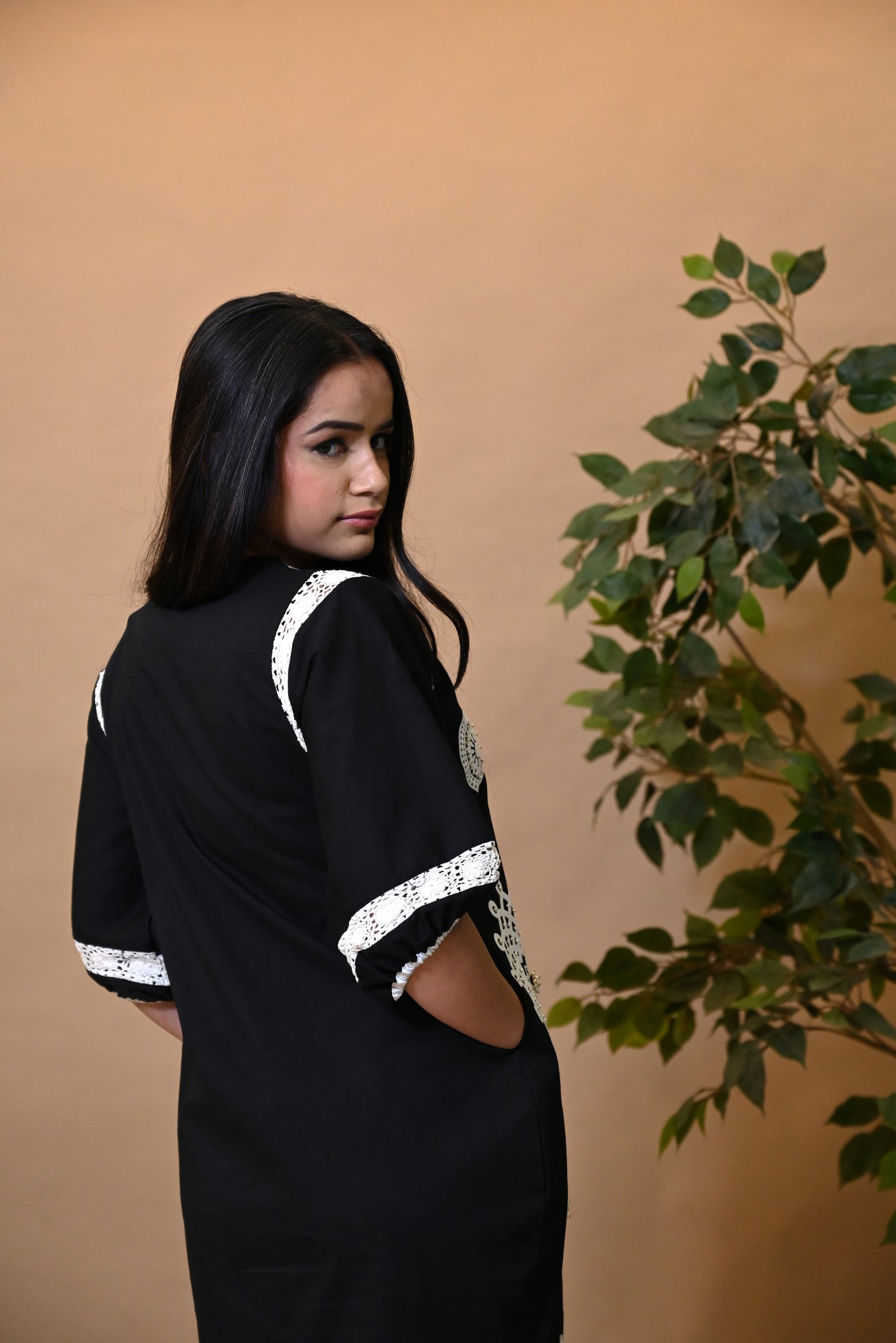 Black Poplin Pearl Embroidered Dress