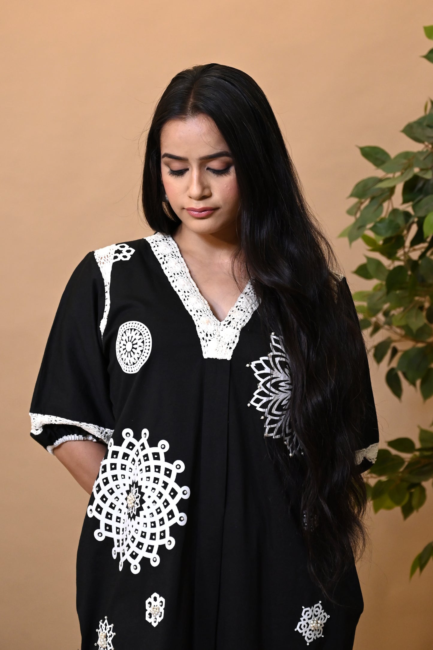 Black Poplin Pearl Embroidered Dress